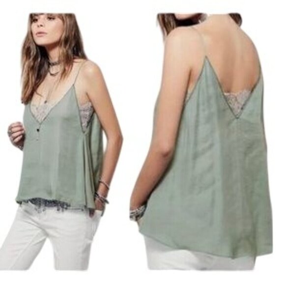 Free People Deep V Lace Green Cami - Picture 1 of 10
